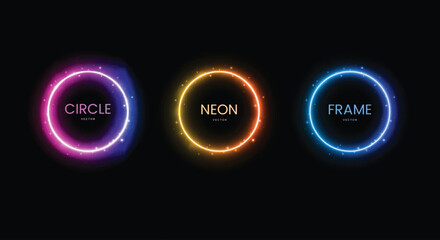 Set of bright neon circles Isolated on Black Background