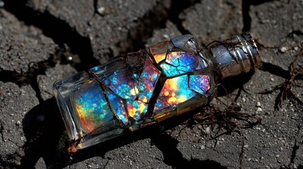Shattered sunscreen bottlerefracting prismatic lightwith dark vines emerging trough cracks.