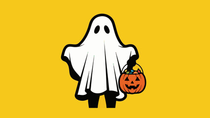 A cartoon ghost in a white sheet costume holding a pumpkin bucket full of candy on a yellow background