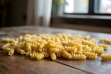 Pile of uncooked fusilli pasta scattered on a wooden table, simple food still life