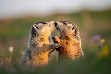 two marmots touching noses affectionately in a grassy field environment