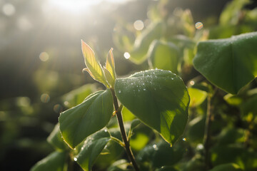 Sunlit green leaves glisten with dew, creating a fresh, vibrant botanical scene