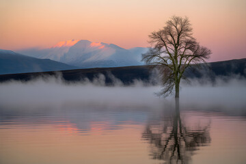 A serene landscape featuring a lone tree in a lake reflecting on the water, with mist hovering and snow capped mountains behind it