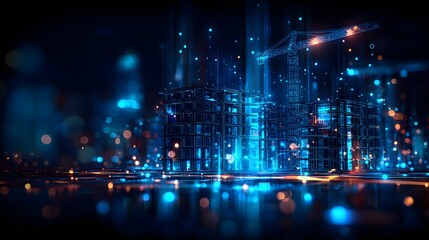 Fototapeta premium Detailed digital 3D model of a modern building under construction with crane