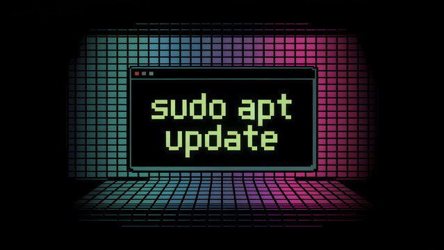 Retro terminal with sudo apt update command on a glowing grid background for DevOps and cybersecurity campaigns