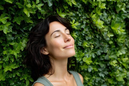 Portrait of relaxed and confident woman with eyes clsed on background of greenleaves wall. Thoughtful peson in front of green hedg. Joy, zen and balance peole. Stability through mentl health