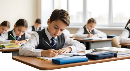 Young boy focused on writing in a notebook during a lesson in a bright classroom with other students