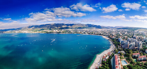 Panorama of Gelendzhik resort from a drone. The city of Gelendzhik on the shore of Gelendzhik Bay...