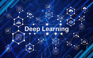Deep learning network with interconnected hexagon icons on blue on transparent background