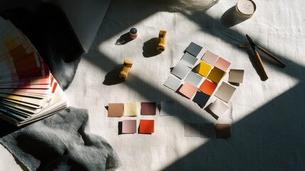 Creative workspace with color swatches and design tools, minimalist studio setting with directional lighting, abstract concept of graphic design