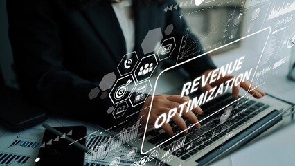 Business Professional Engaged in Revenue Optimization Strategies with Digital Interface Overlaid on Laptop. Asymptotic smart data analytic.