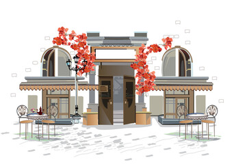 Series of backgrounds decorated with flowers, old town views and street cafes. Cafe window.   Hand drawn vector. 