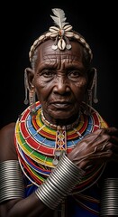 Striking Portrait of an Elder Woman with Traditional Jewelry on a Black Backdrop, Detailed and Thoughtful.