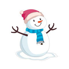 smiling snowman in cartoon style. He has a red hat with a pompom, a blue scarf, a carrot nose and twigs instead of hands. standing on a patch of snow on a white background