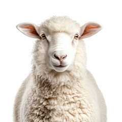 Fototapeta premium White sheep with a bright yellow eye stares at the camera