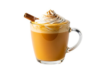 A rich, warm pumpkin spice latte in a clear glass mug, topped with whipped cream and a cinnamon stick, sits against a black background.