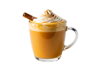 A rich, warm pumpkin spice latte in a clear glass mug, topped with whipped cream and a cinnamon stick, sits against a black background.