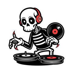 Spooky Skeleton DJ Vector Illustration Spinning Glowing Records with Headphones, Halloween Party Music, Club DJ Art, Dance Festival Design