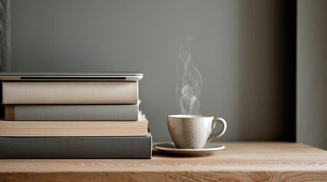 minimalist workspace composition a cup of coffee and books generative ai