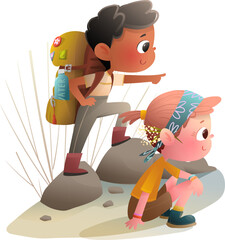 Active adventurous boy and girl friends hiking with a backpacks exploring nature. Children travellers enjoy childhood nature adventures backpacking. Character cartoon for kids children vector clip art