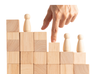  Realistic Hand Arranging Wooden Figures in Ascending Steps Symbolizing Business Growth, Transparent Background