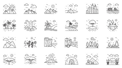Landscapes line icon set. Vector pictograms of natural and urban scenery, mountain, beach, forest, desert, waterfall, cityscape, canyon thin linear illustration.