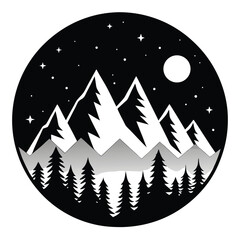 Fototapeta premium Black and White Mountain Scene with Pine Trees, Stars, and Full Moon Graphic