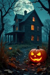 A jack-o'-lantern sits before an old, decaying house , orange, dark