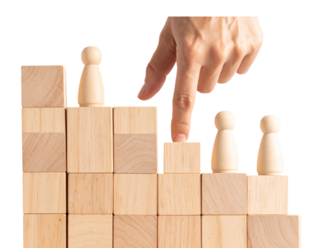  Realistic Hand Arranging Wooden Figures in Ascending Steps Symbolizing Business Growth, Transparent Background
