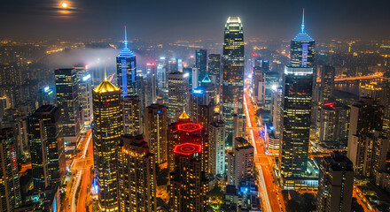 Night cityscape view of illuminated skyscrapers under a full moon