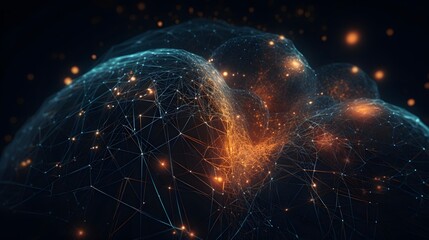 Glowing blue and orange abstract network with interconnected nodes and lines on a dark background illustrating modern technology and digital communication fireworks in the night sky