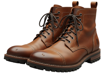 Two brown leather work boots with waxed laces and stitched details are presented against a dark background.