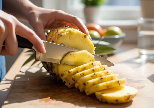 Person slicing a fresh, ripe yellow pineapple on a wooden cutting board in a sunlit kitchen.