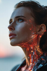 Futuristic female face glowing with digital red circuitry at sunset, symbolizing AI and modern tech evolution