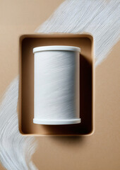 Minimal white cylinder in kraft recessed tray on sand tone surface with flowing white artistic paint