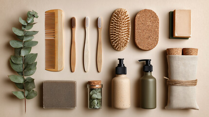 Eco-Friendly Hygiene Kit Flatlay with Natural Brushes and Soap