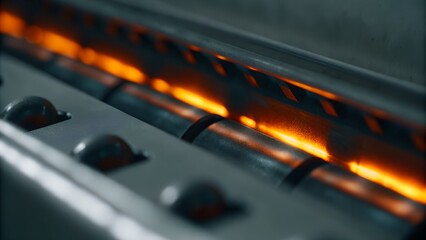 Glowing Industrial Conveyor Rollers with Orange Heated Sections in Motion