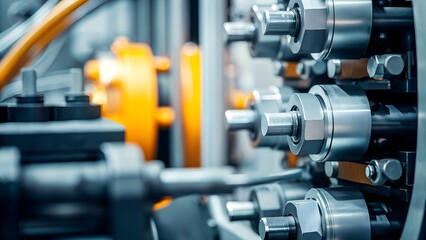 Naklejka premium Precision Engine Machinery with Metallic Gears and Orange Hydraulic Lines