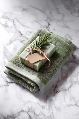 Natural soap bar tied with twine on green towel and marble surface, eco-friendly bath product concept