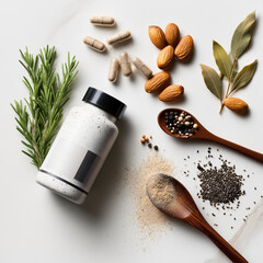 Herbal Supplement Capsules with Natural Ingredients on White Background