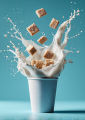 Milk explosion frozen in mid-air with golden cereal cubes bursting out of paper cup on vibrant background