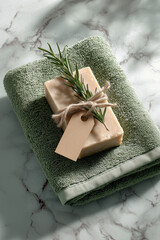 Organic handmade soap with rosemary and tag on folded green towel over marble, self-care theme