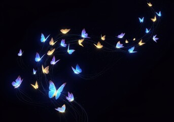 Glowing butterflies flying in the dark, abstract neon light trails in blue, yellow and purple color