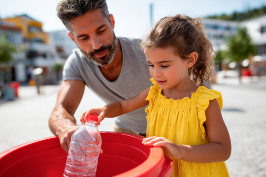 Man helping young girl recycle a plastic bottle into a bright red bin during a sunny day outdoors.