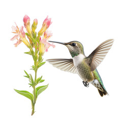 Fototapeta premium Hummingbird is perched on a flower, drinking nectar