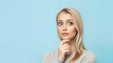 Young Blonde Woman with Curious and Thoughtful Expression Looking to the Side, Hand on Chin, Against a Plain Blue Background, for Conveying Ideas, Questions, or Decision-Making.