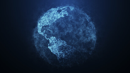 A digital rendering of a globe in blue tones symbolizing intensity, energy and global connections. Lines and dots connecting continents highlight the network of interactions
