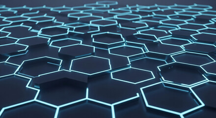 Abstract digital illustration of a hexagonal pattern with glowing blue outlines, creating a futuristic design.