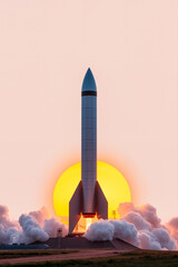 Fototapeta premium Powerful rocket launching from its pad at sunrise, surrounded by smoke and fire, future space exploration, innovation, and technological progress with copy space.