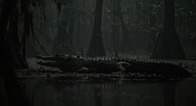 Large alligator resting in a swampy environment, its jaws slightly open. - Powered by Adobe